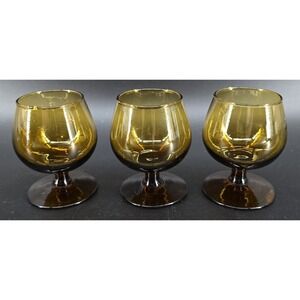 Set of 3 Vtg Amber Brandy Cognac Snifter Glasses Hand Blown MCM 60s 3" Excellent